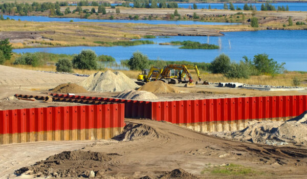 Eingebrachtes Kombiewandsystem von Hoesch Spundwand auf einer großflächigen Wasserbau-Baustelle.