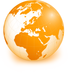 Orangenfarbe Weltkugel auf weißem Hintergrund, die die Internationalität von Hoesch Spundwand symbolisiert.