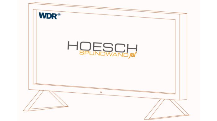 Zeichnung eines TV Gerätes, dass das Hoesch Spundwand Logo zeigt.